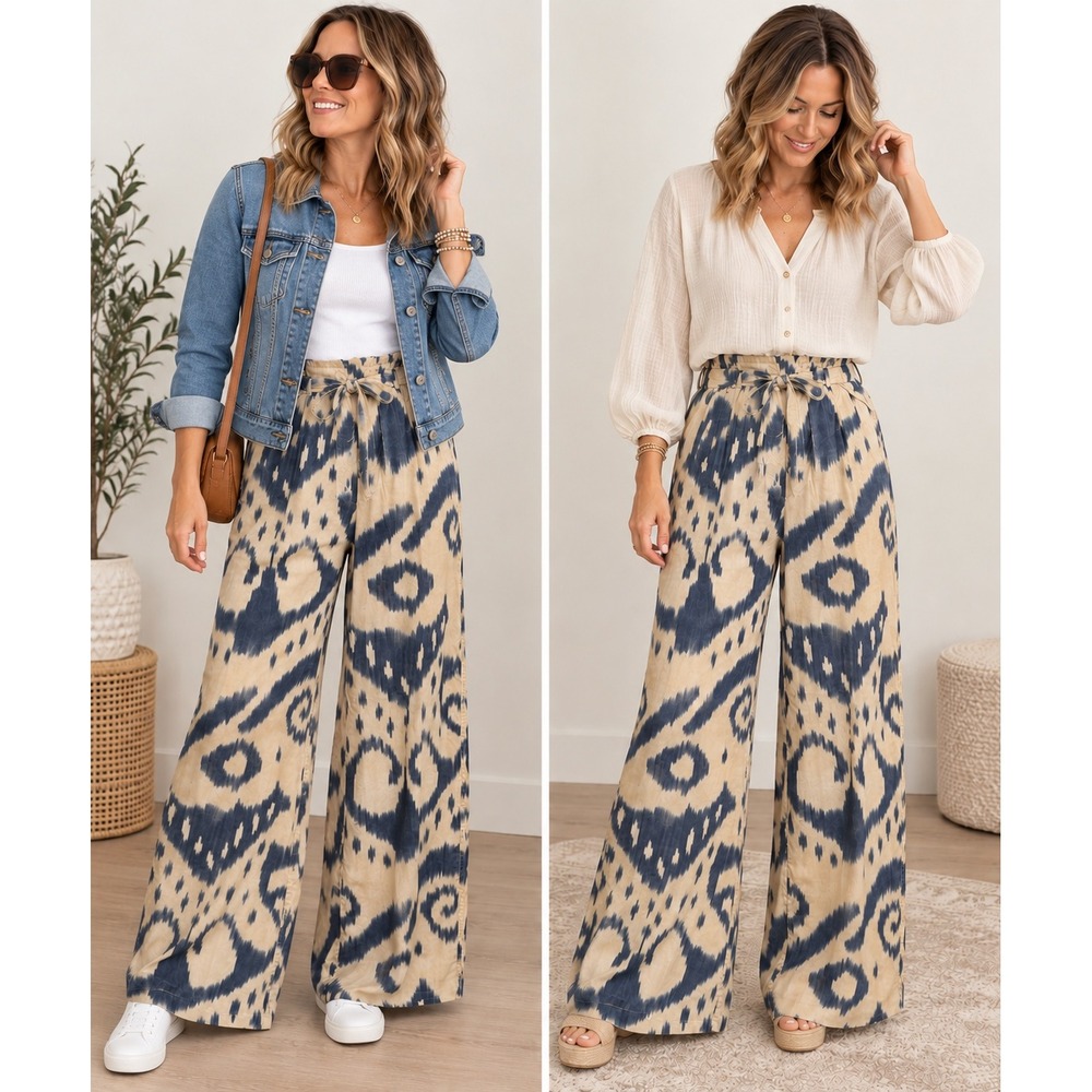Zara Blue Cream Ikat Print High Rise Wide Leg Pants Women's Medium